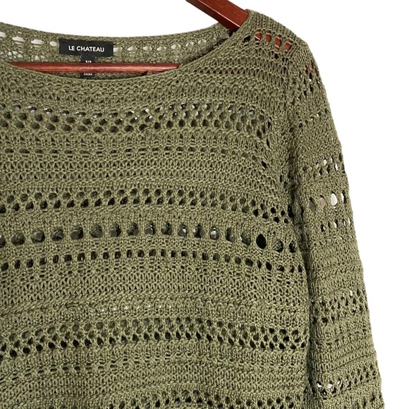 Le Chateau Olive Crochet See Through Top 3/4 Sleeves Boat Neck Small S - Picture 8 of 16